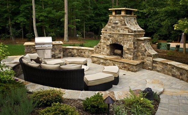 Brick outdoor patio and fireplace